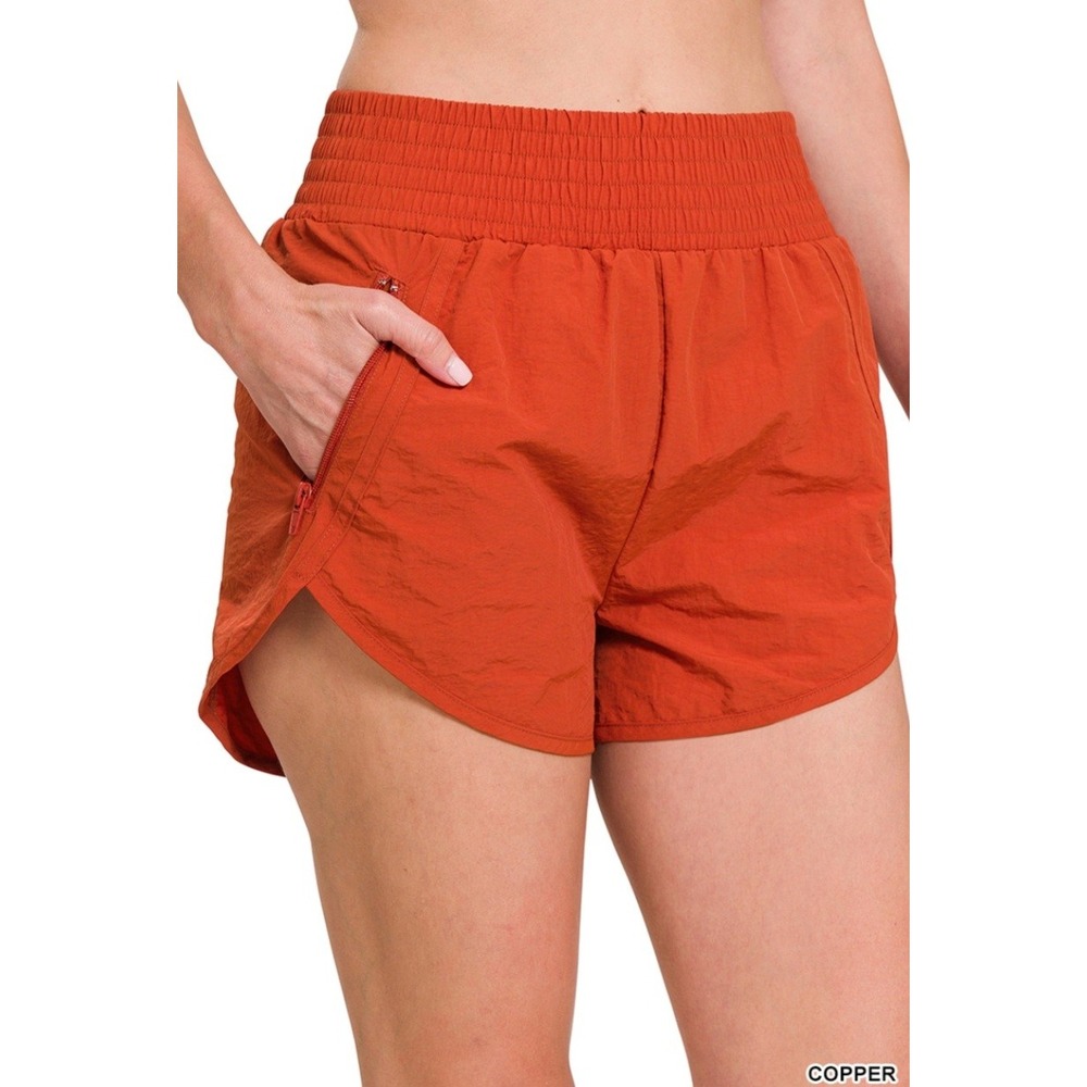 Zenana Copper Windbreaker Running Shorts – Smocked Waist & Zipper Pockets‎